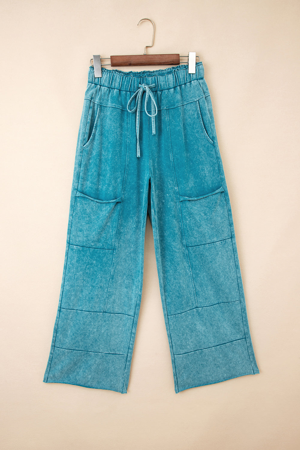 Mineral Wash Lace-up High Waist Raw Hem Patched Pocket Pants