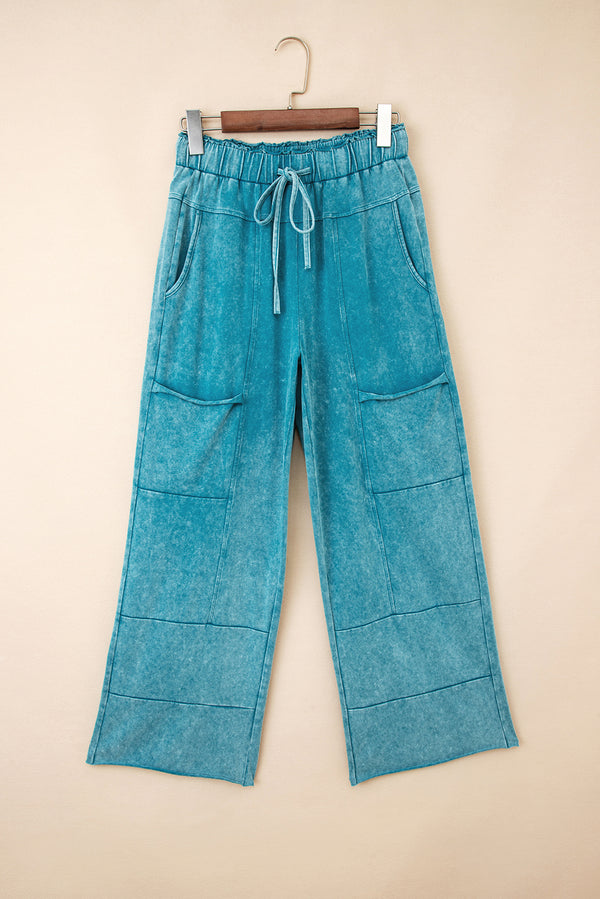 Mineral Wash Lace-up High Waist Raw Hem Patched Pocket Pants