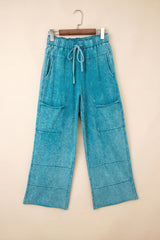 Mineral Wash Lace-up High Waist Raw Hem Patched Pocket Pants