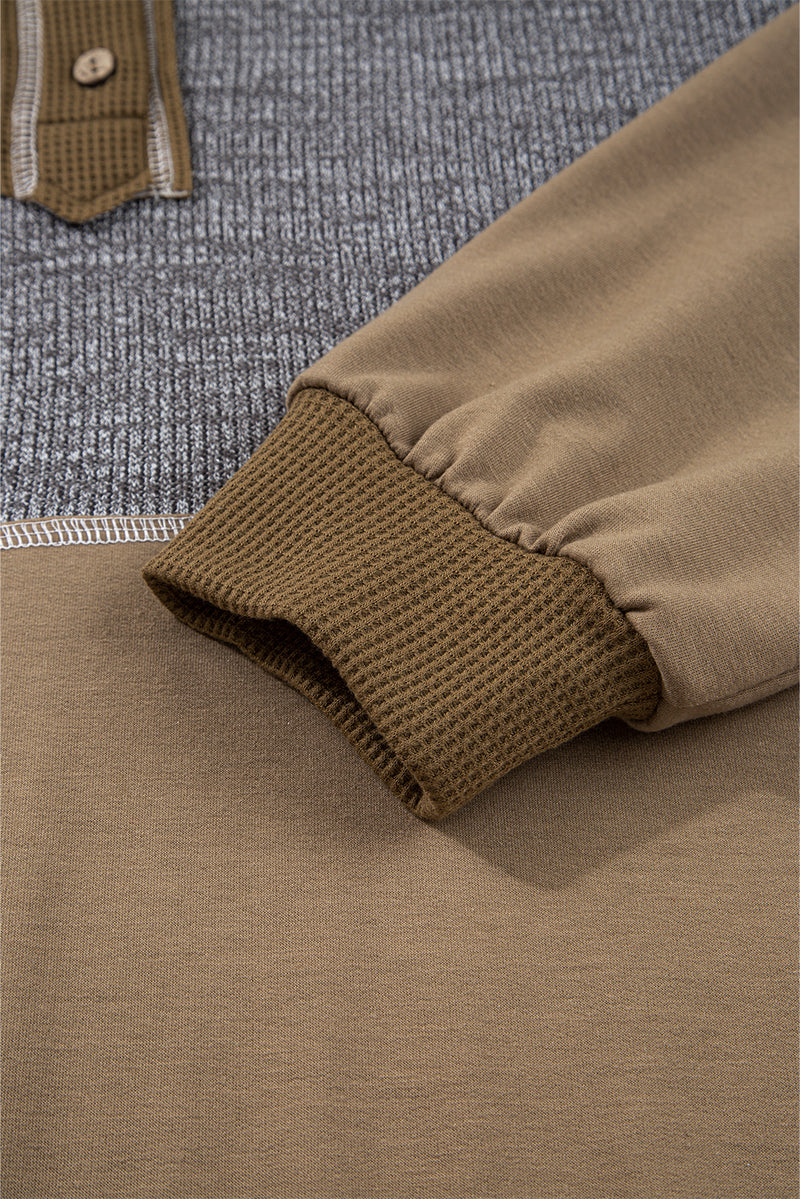 Mixed Texture Patchwork Exposed Seam Half Button Pullover Hooded Sweatshirt