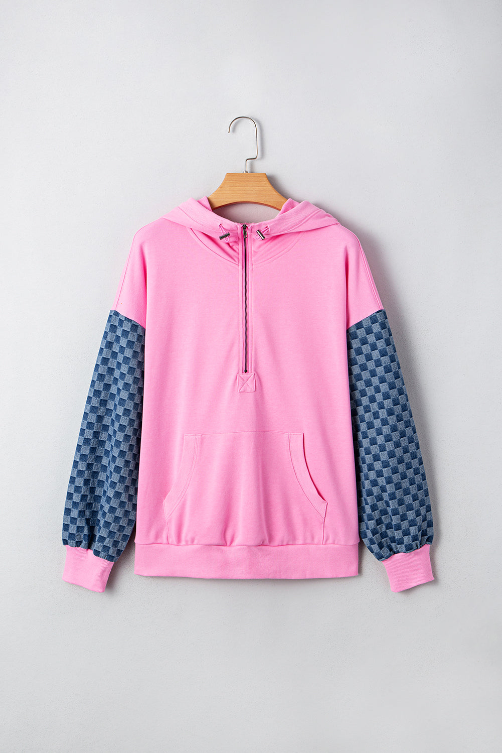 Checkered Patchwork Kangaroo Pocket Half Zipper Hoodie