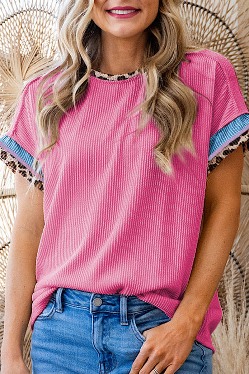 Leopard Patchwork Corded Knit Crew Neck T Shirt