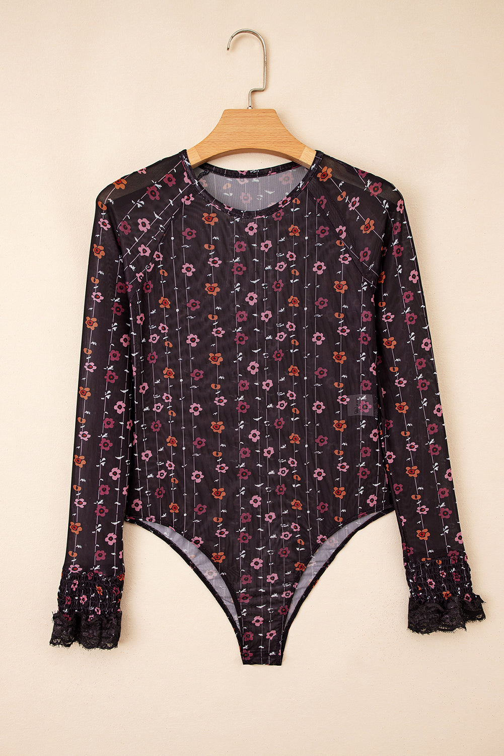 Floral Print Smocked Cuff Slim Fit Mesh Bodysuit