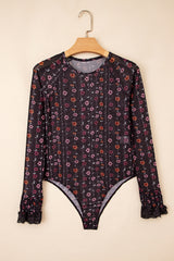 Floral Print Smocked Cuff Slim Fit Mesh Bodysuit