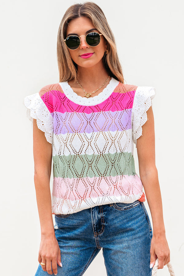 Stripe Colorblock Hollowed Knit Scallop Edge Sweater Vest