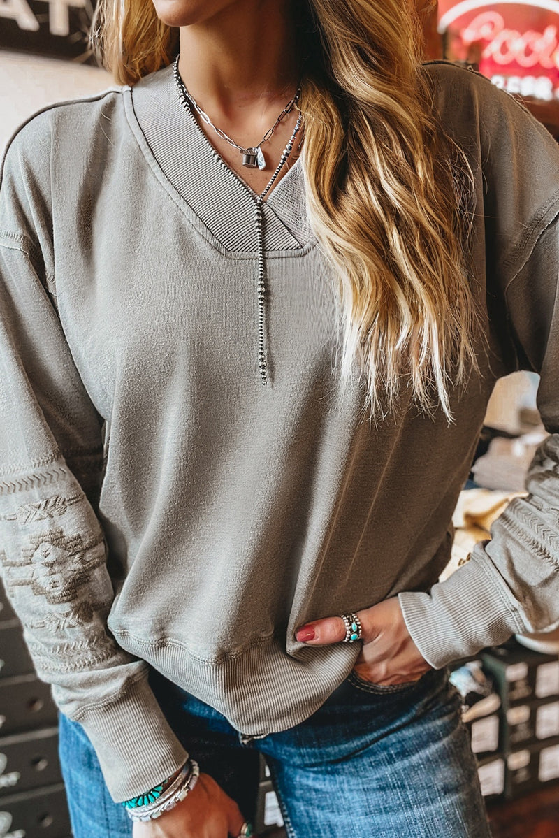 Beige Aztec Embroidered Western V Neck Sweatshirt