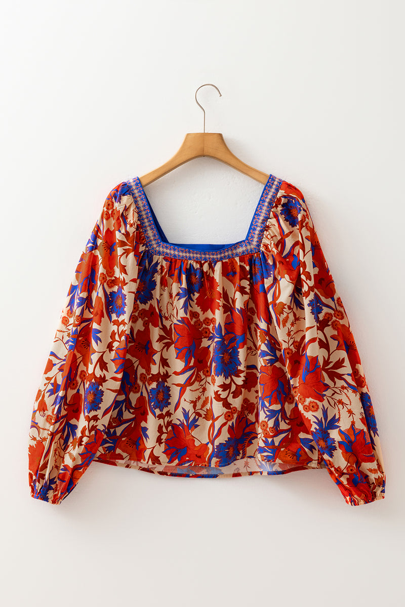 Multicolour Floral Print Square Neck Backless Loose Fit Blouse