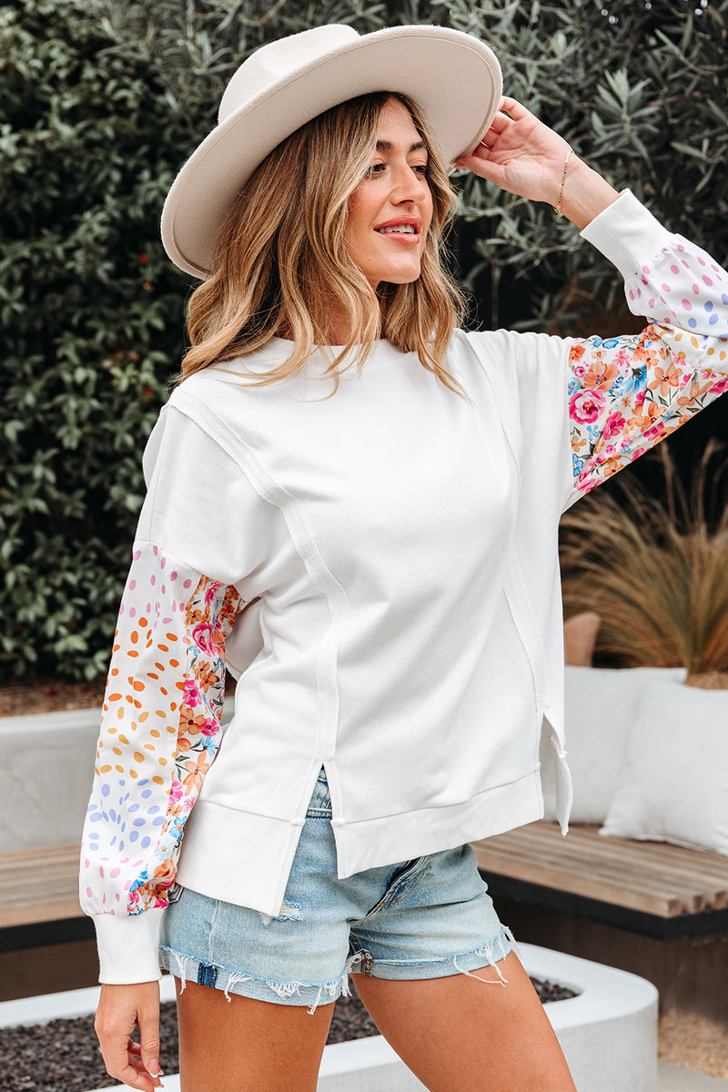 Floral Dotted Mixed Print Patchwork Sleeve High Low Casual Sweatshirt