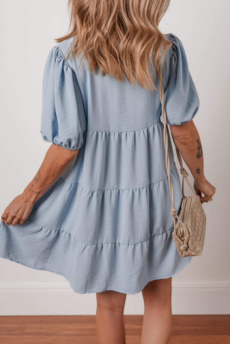Blue Shirt Collar Button Up Short Puff Sleeve Tiered Shift Dress