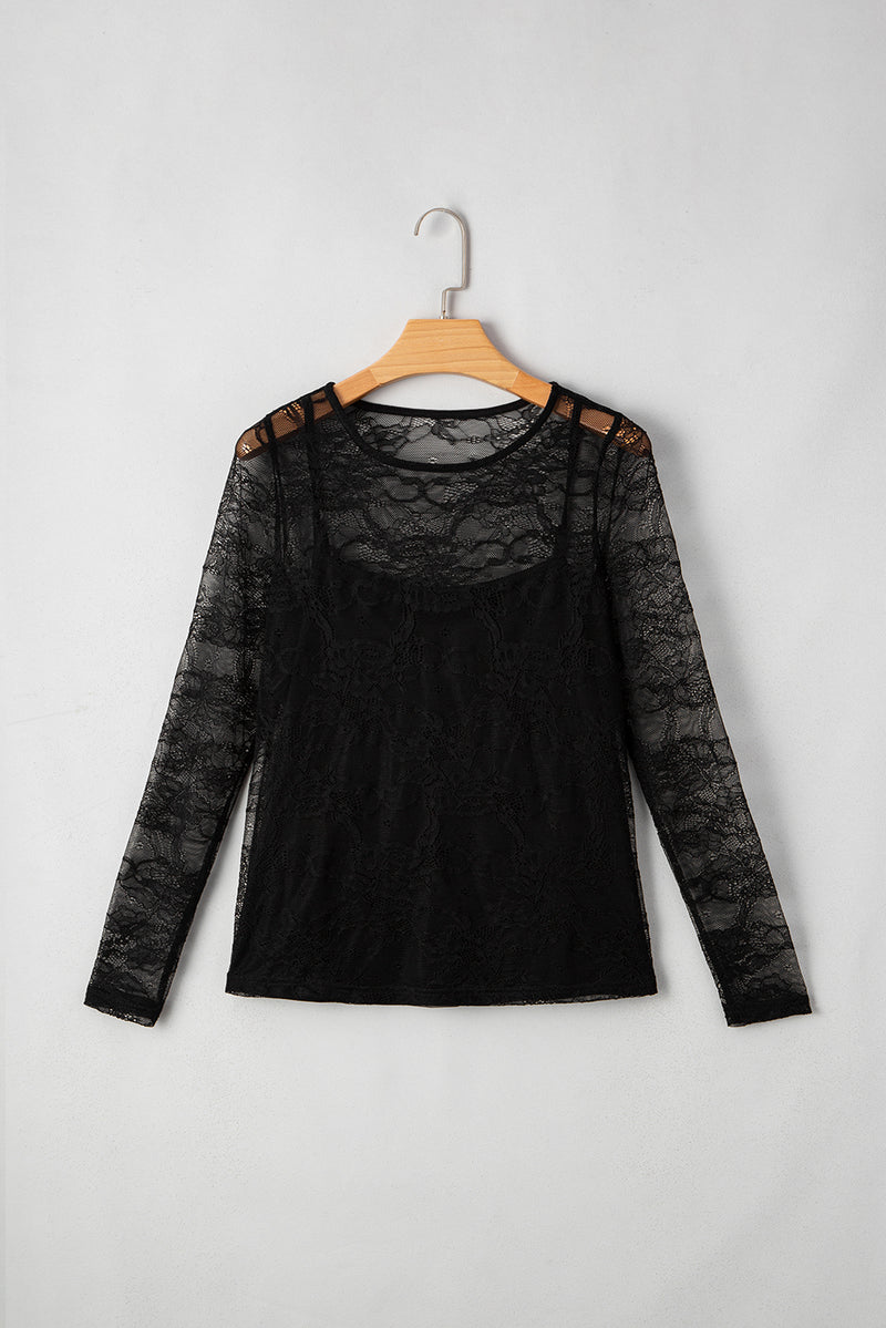 Lace Crochet Mesh Patched Slim Fit Long Sleeve Top