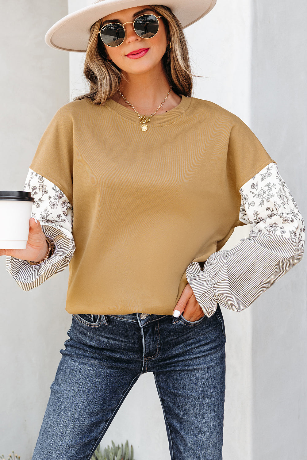Floral Striped Patchwork Ruffled Sleeve Crew Neck Sweatshirt