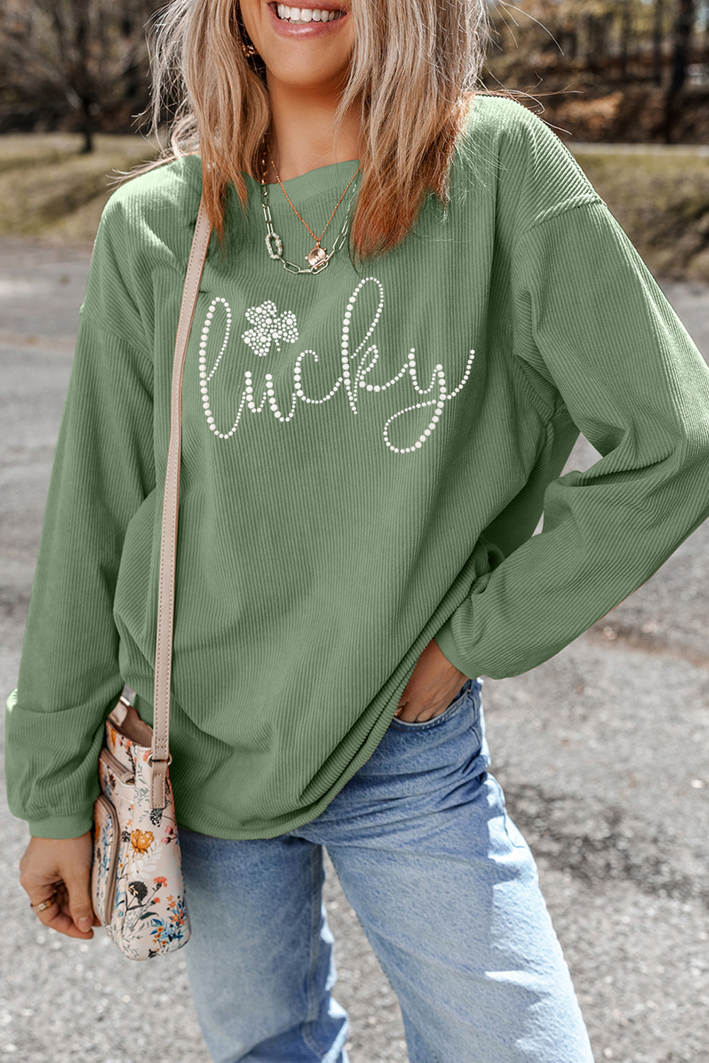 Rhinestone lucky Clover Graphic Ribbed St Patrick Sweatshirt