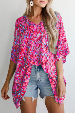 Solid Abstract Print V Neck Half Sleeve Loose Fit Tunic Blouse