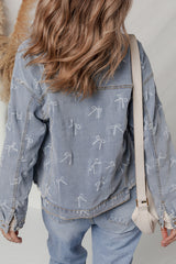 Bow Knot Print Light Wash Raw Hem Denim Jacket