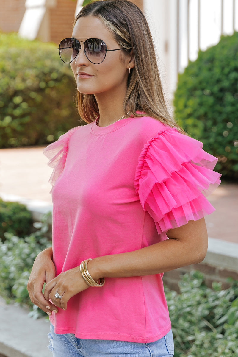 Trendy Solid Tulle Ruffle Sleeve Blouse