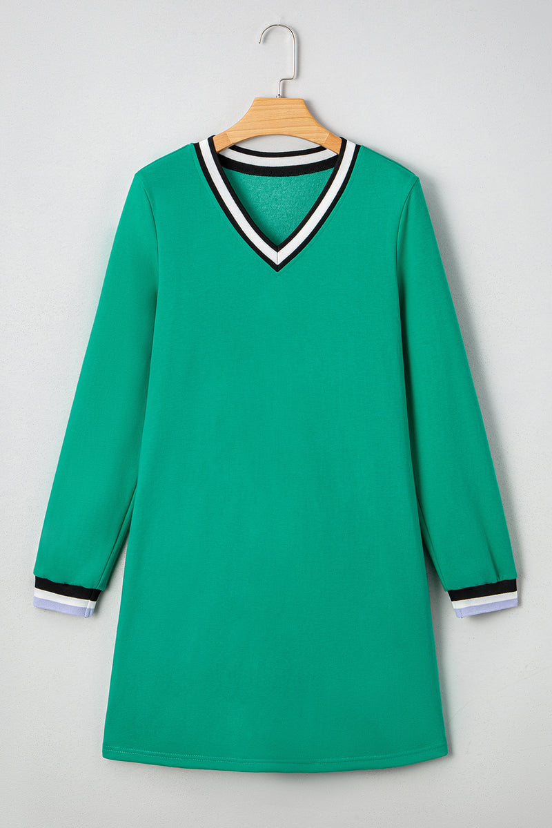 Varsity Contrast Striped V Neck Long Sleeve T Shirt Dress with Pockets