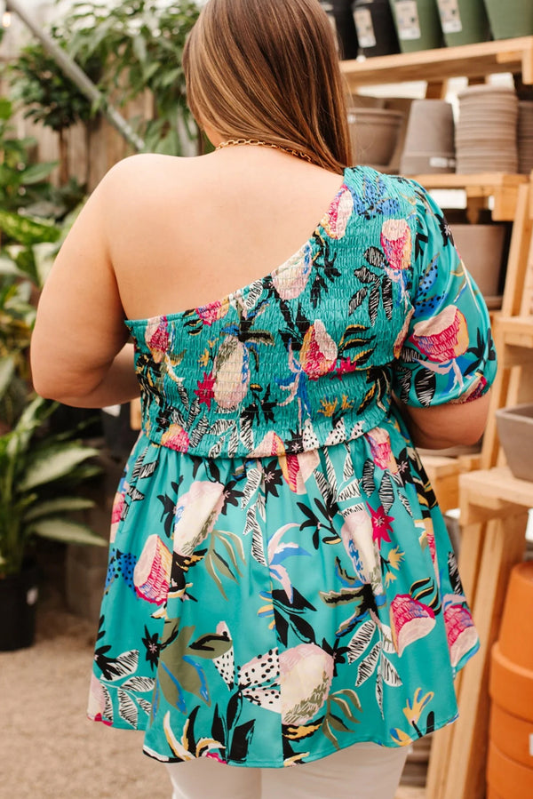 Plus Size Floral Smocked Bodice Single Puff Short Sleeve Babydoll Blouse