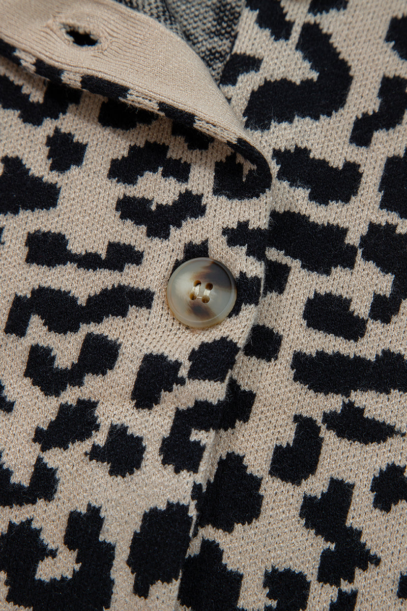Leopard Drop Shoulder Chunky Knitted Cardigan Sweater