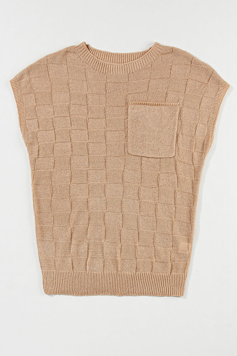 Solid Lattice Textured Knit Short Sleeve Sweater