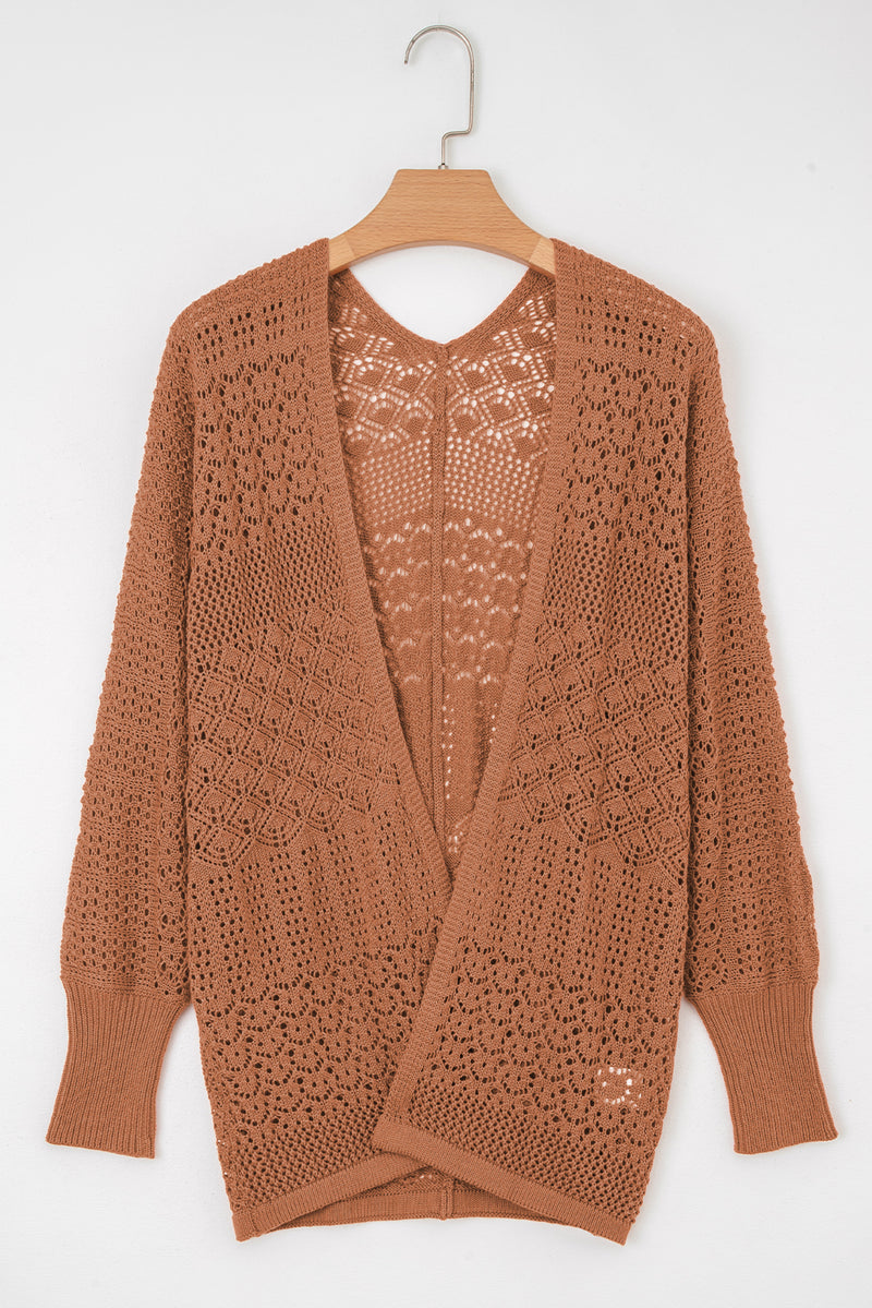Brown Mix Pattern Hollowed Knit Open Front Cardigan