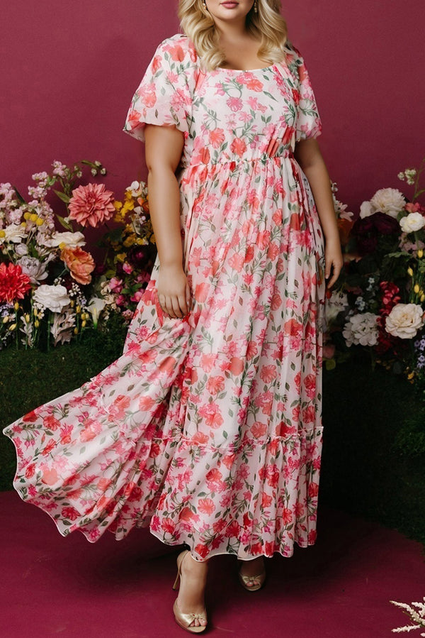 Plus Size Floral Square Neck Puff Sleeve Ruffle Maxi Dress