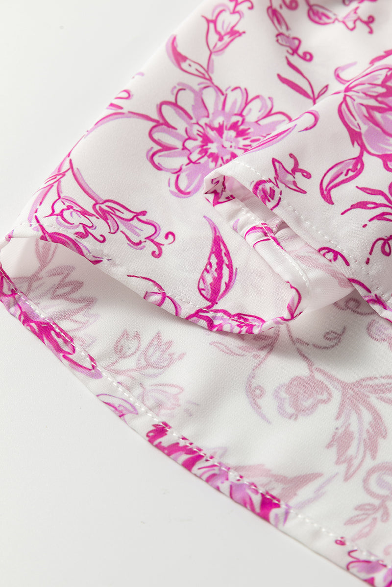 Pink Baroque Floral Ruffle Sleeve V Neck Blouse Top