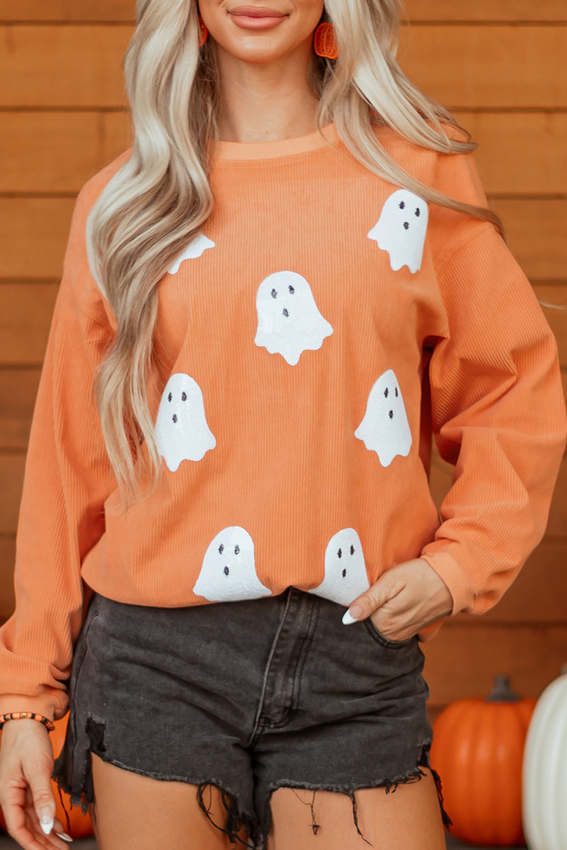 Twisted Ribbed Texture Halloween Ghost Sequin Patched Sweatshirt