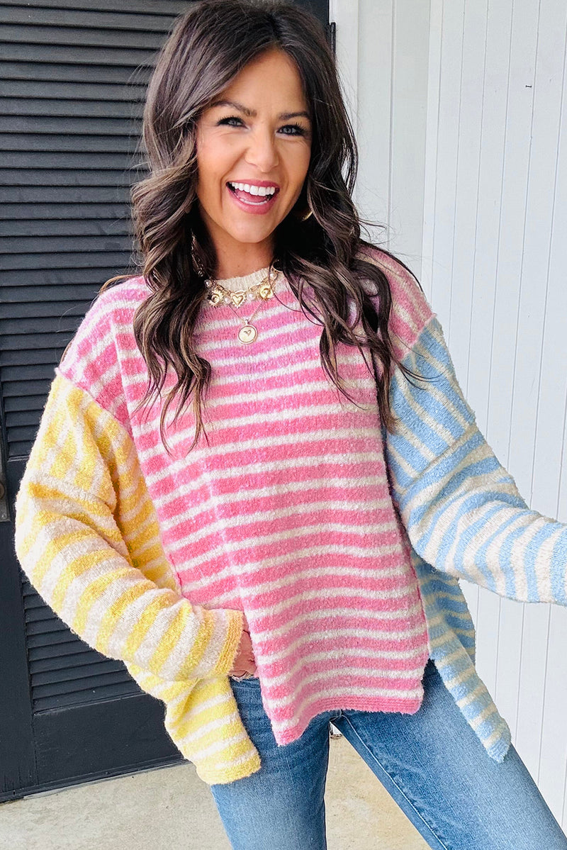 Multicolour Color Block Striped Patchwork Dolman Sleeve Slit Sweater