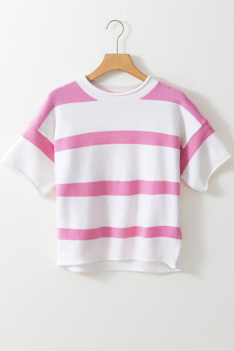 Stripe Dropped Short Sleeve Lightweight Knitted Top