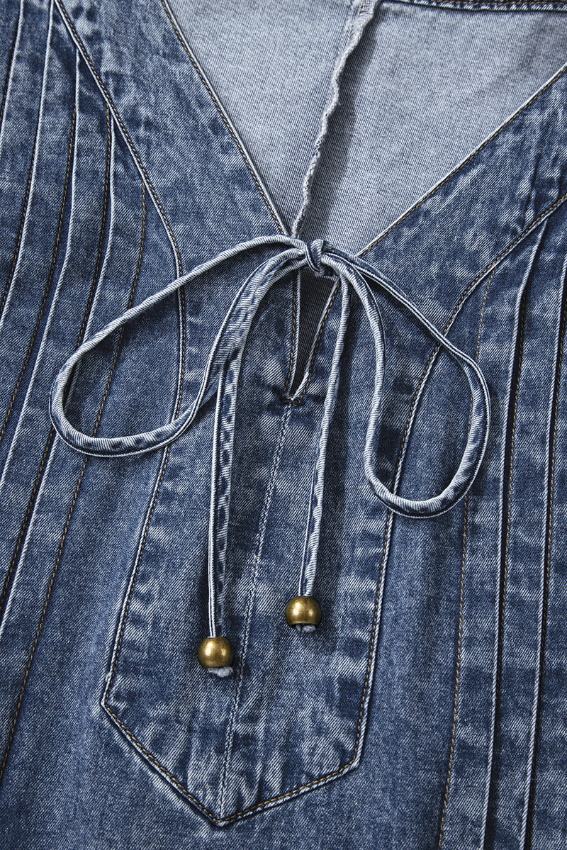 3/4 Sleeve Tied V Neck Pleated Denim Mini Dress