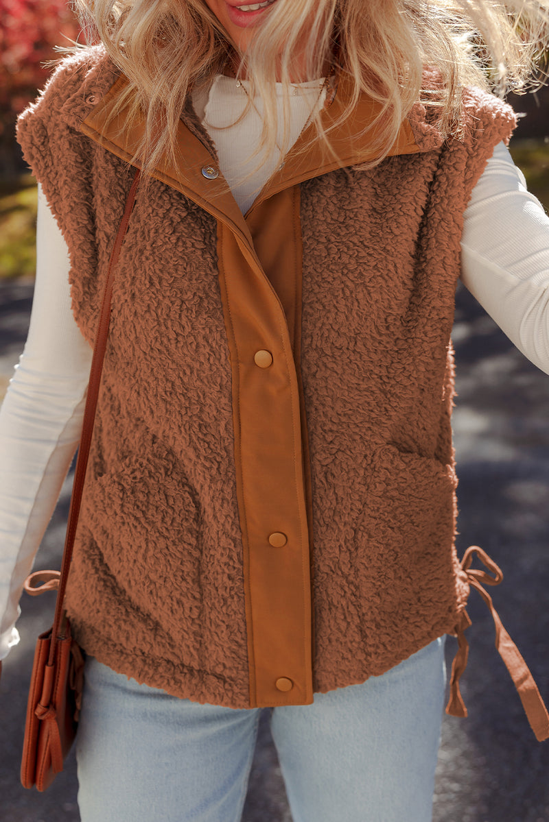 Faux Fur Snap Button Front Knot Side Plush Vest with Pockets