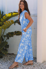 Floral Print Half Button Wide Leg Relaxed Sleeveless Jumpsuit