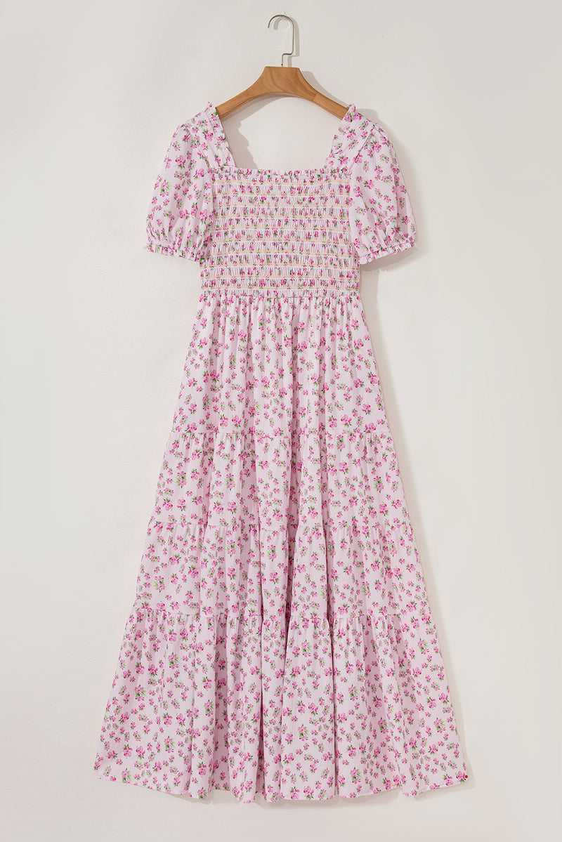 Frilly Shirred Bodice Tiered Floral Maxi Dress