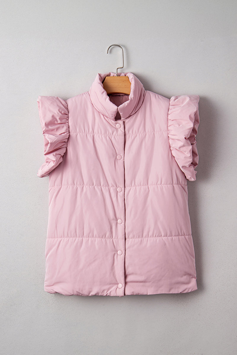 Stand Neck Flutter Sleeve Snap Button Puffer Vest