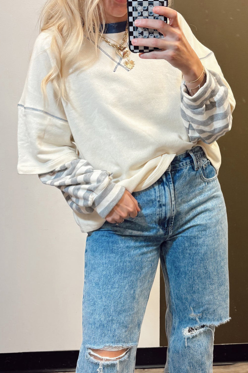 Striped Patchwork Long Sleeve Round Neck Two-in-one Top