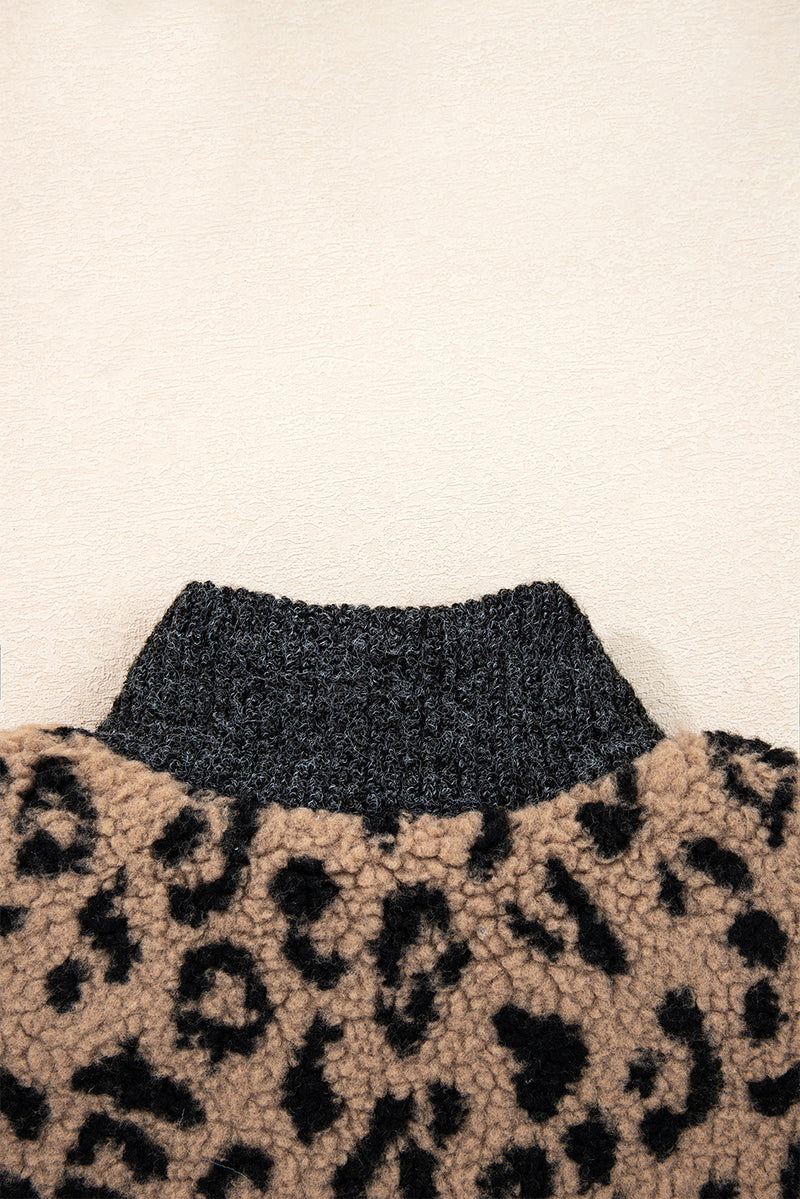 Leopard Print Zip Up Stand Neck Side Pocket Jacket