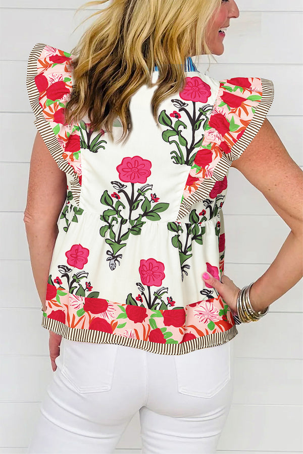 Floral Print Tie Neck Striped Detail Flutter Sleeve Blouse
