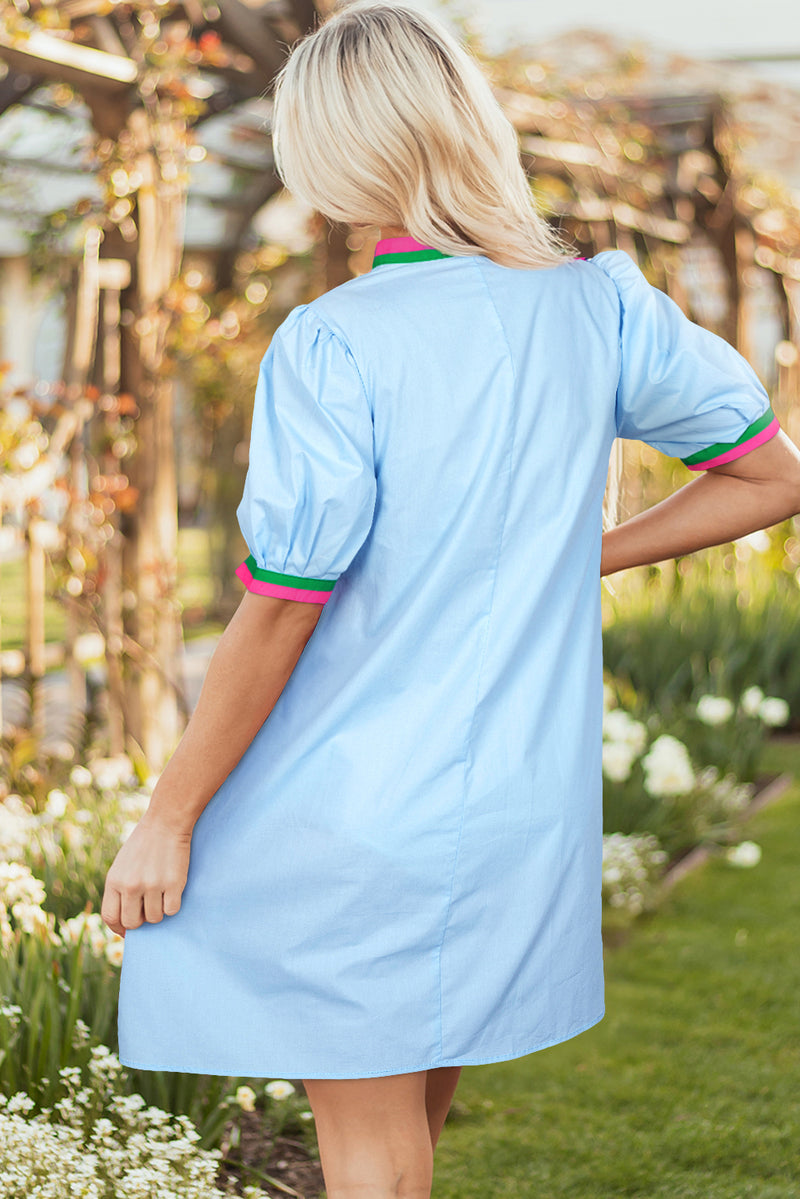 Contrast Striped Notched V Neck Puff Sleeve Mini Dress