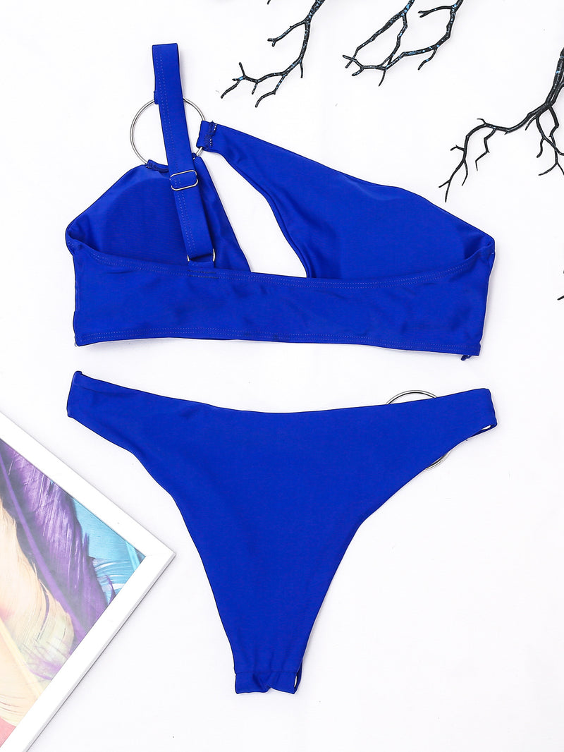 Bikini Swimwear Solid Color Ring One Shoulder
