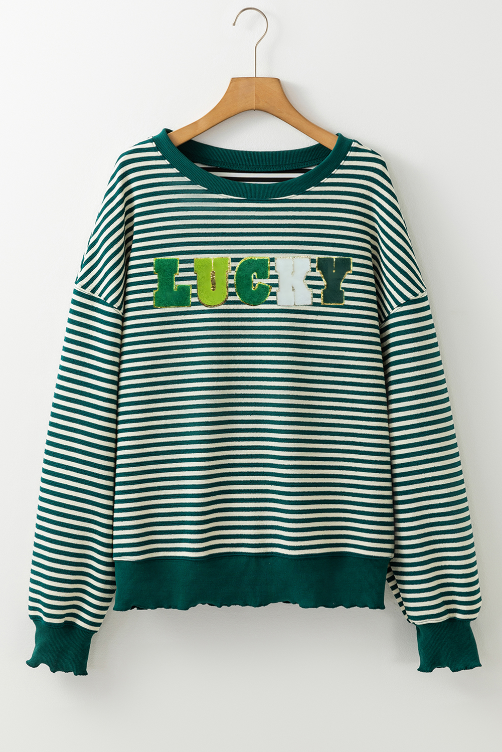 Stripe Chenille LUCKY Patched Pattern St Patrick Long Sleeve Top