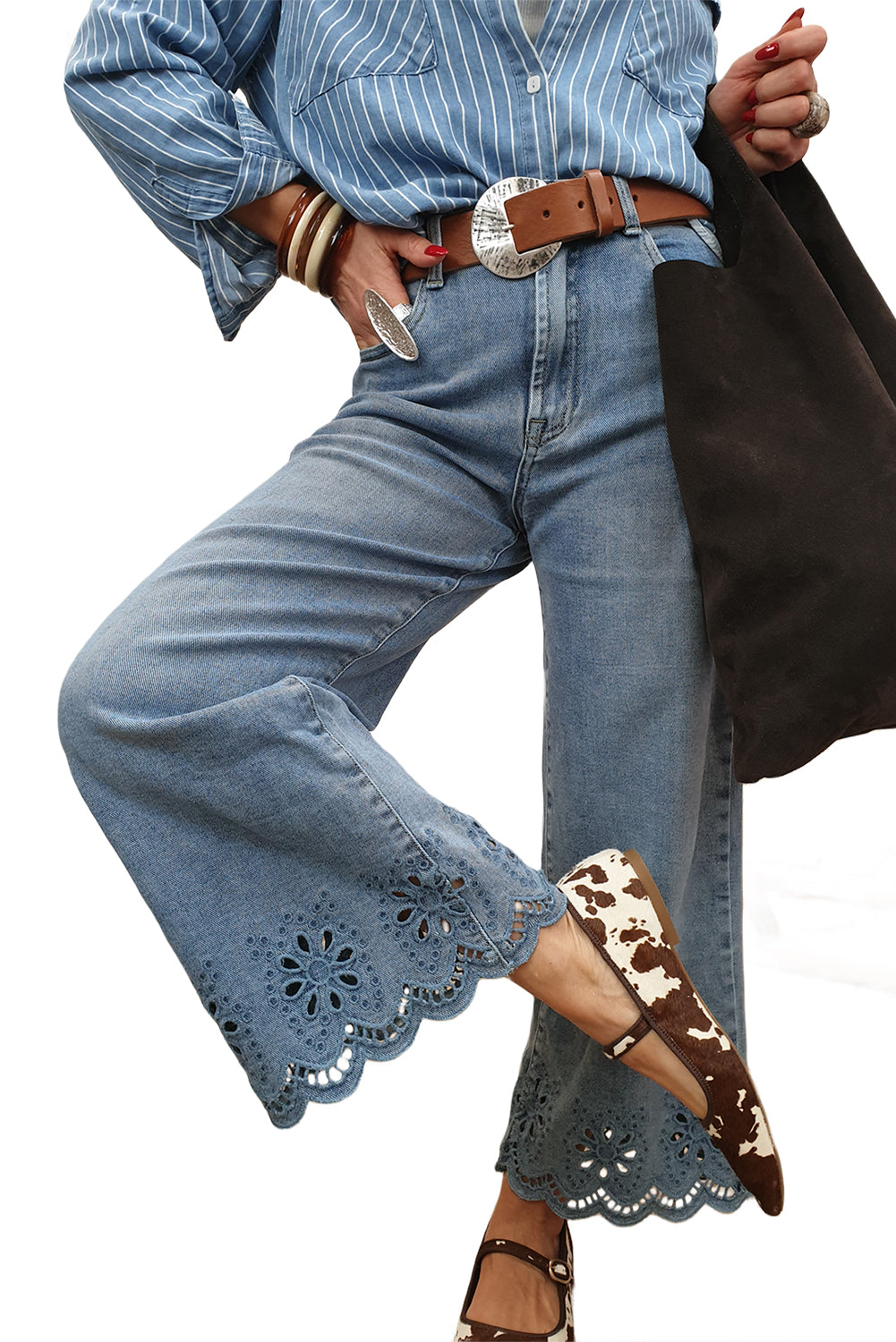Embroidered Cropped Wide Leg High Waist Jeans
