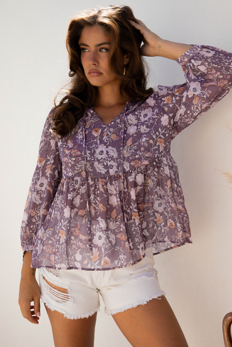 Boho Flower Print 3/4 Sleeve Babydoll Blouse