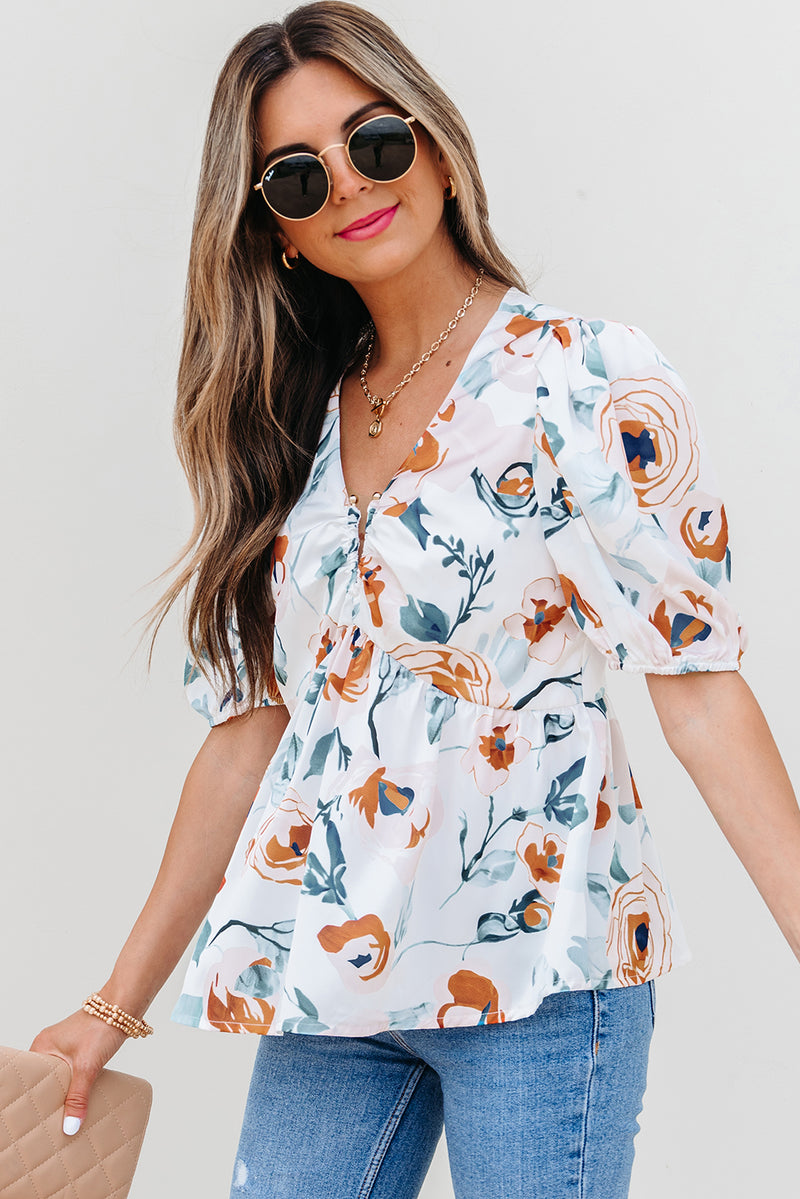 Floral Print Puff Sleeve V Neck Baby doll Blouse