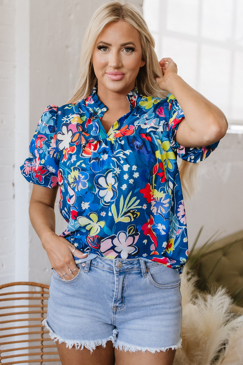 Flower Print Collared V Neck Puff Short Sleeve Loose Blouse