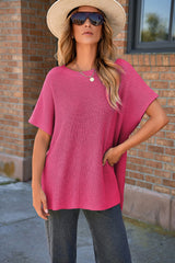 Solid Short Sleeve Side Slit Oversized Sweater