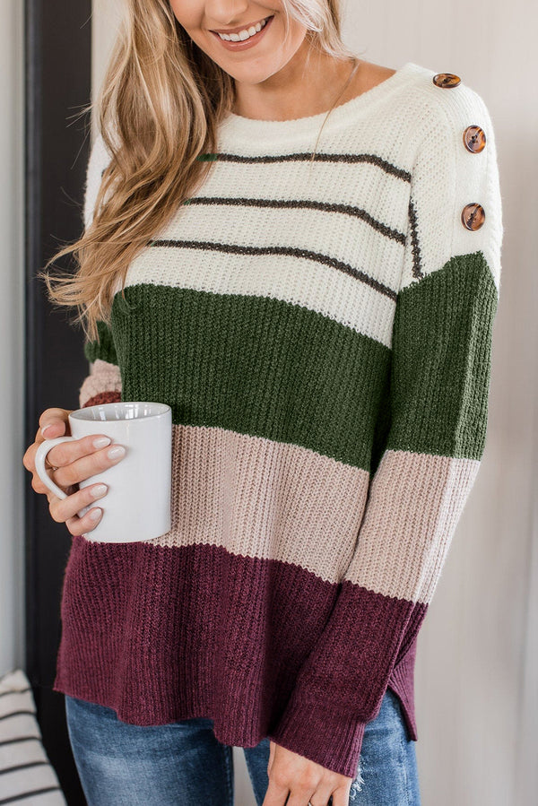 Colorblock Striped Buttoned Shoulder Split Sweater