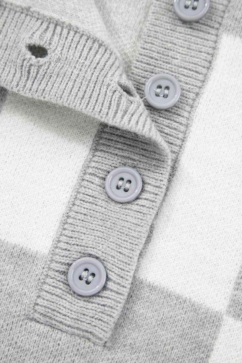 Plus Size Checkered Pattern Button Polo Collar Split Sweater