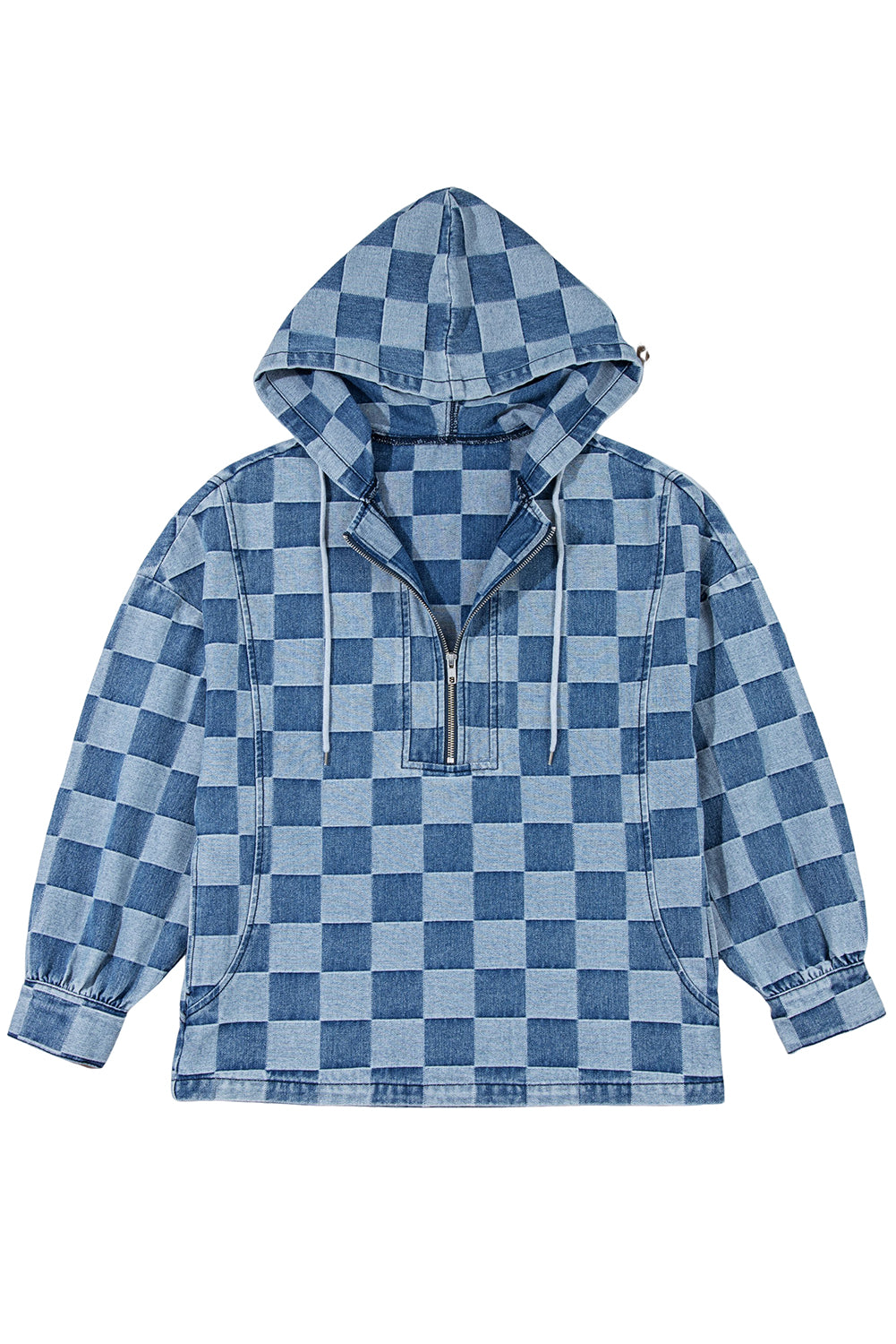 Checkerboard Zipped Neck Kangaroo Pocket Denim Hoodie