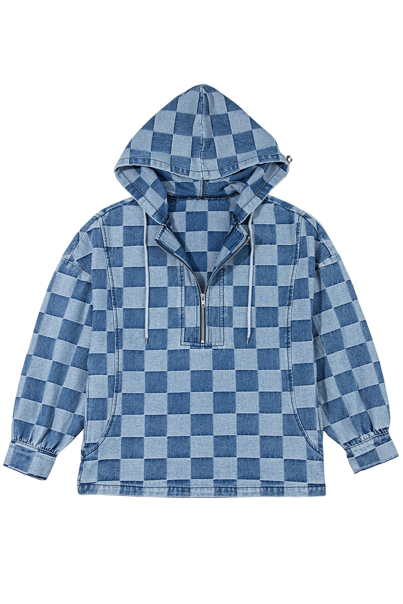 Checkerboard Zipped Neck Kangaroo Pocket Denim Hoodie