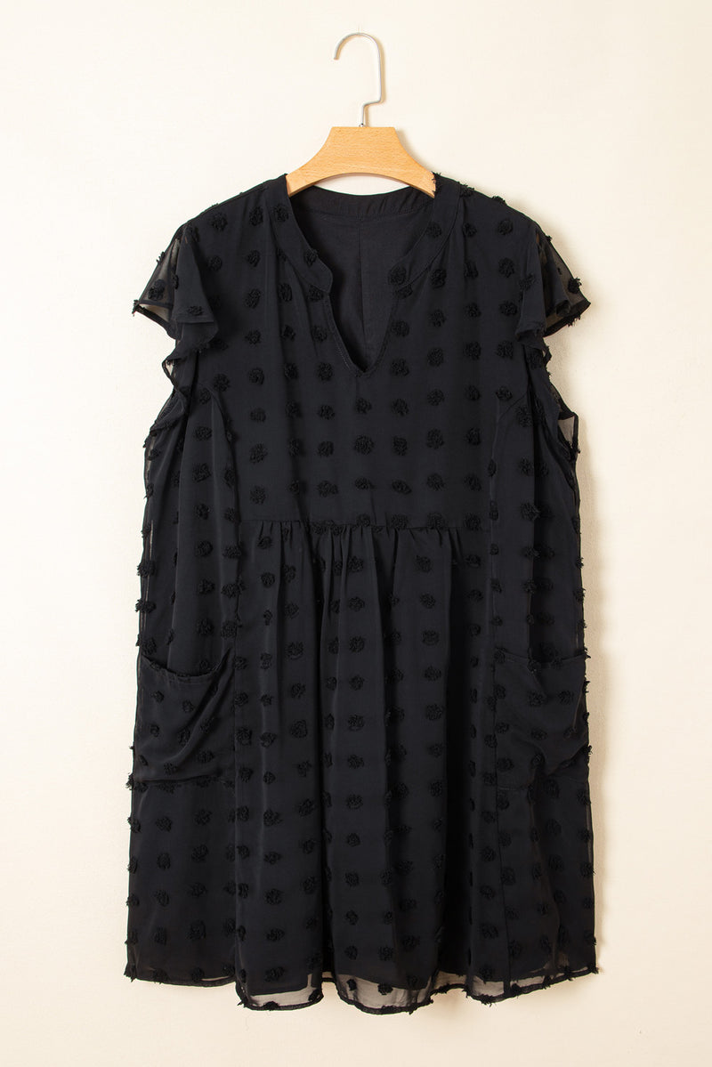 Dotty Textured Notched Neck Plus Ruffled Dress